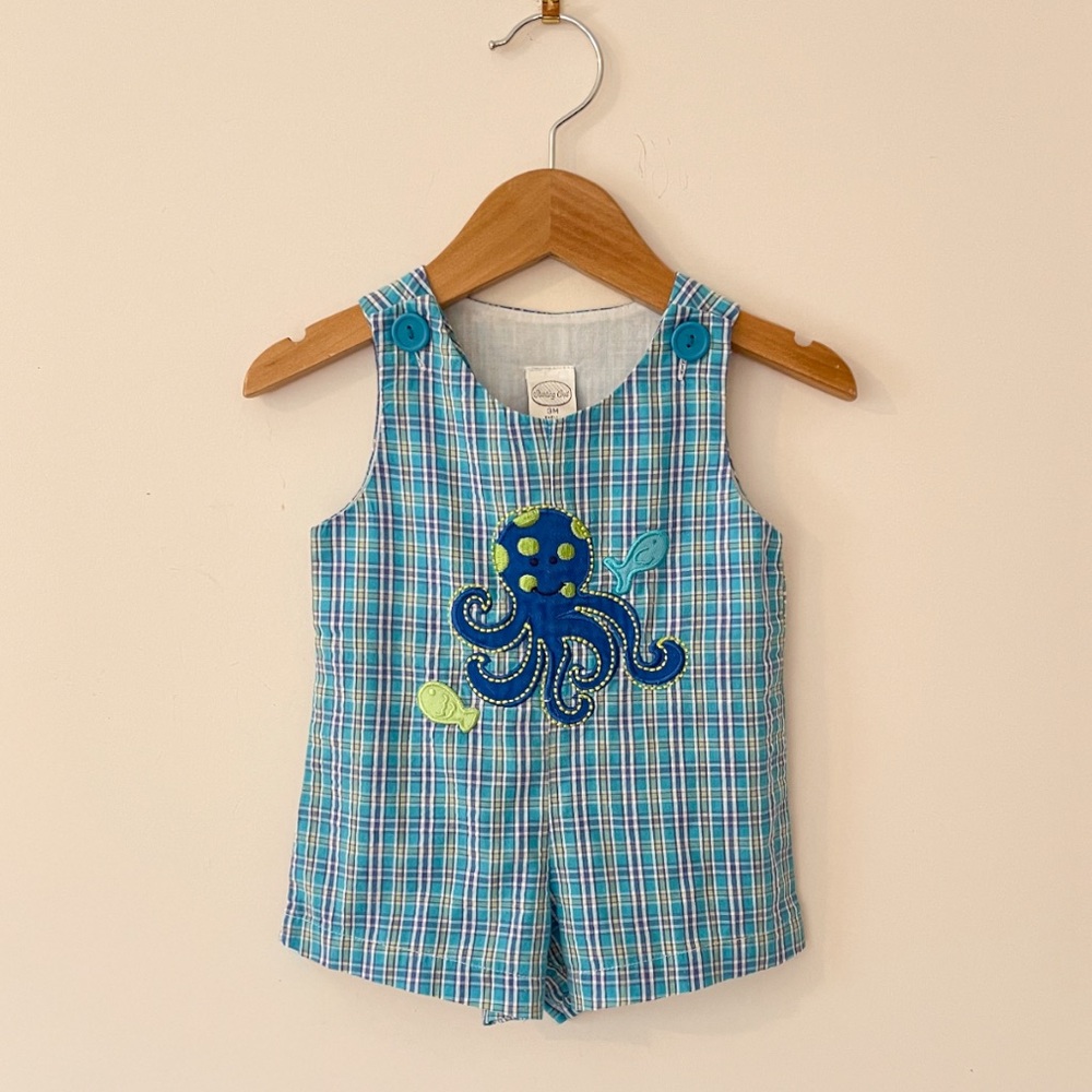 VINTAGE EUC Boys Plaid Octopus Embroidered Appliqué Summer Jon Jon